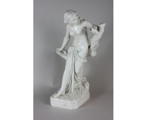 A Blanc de Chine glazed porcelain figure 'Bather Surprised' depicting a scantily clad lady leaning on a tree stump, 41cm high
