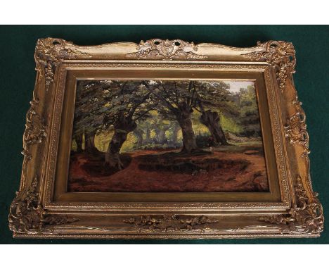 John William Graham Pringle (1844-1882), hunter beneath trees with a pair of rabbits, Burnham Beeches, oil on panel, signed a