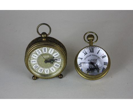 A Systeme Roskopf fishbowl pocket watch with steam train design on dial, together with a Marksman alarm clock