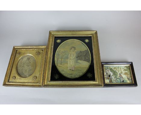Three 19th century silk work embroidery pictures, one depicting a classical female figure with lamb and bird, in gilt frame, 