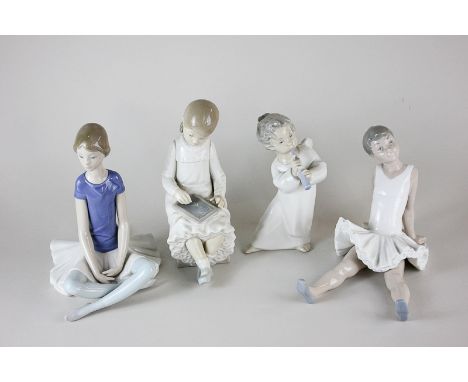 Four Lladro porcelain figures, including two dancers, a girl studying and a cherub playing a pipe