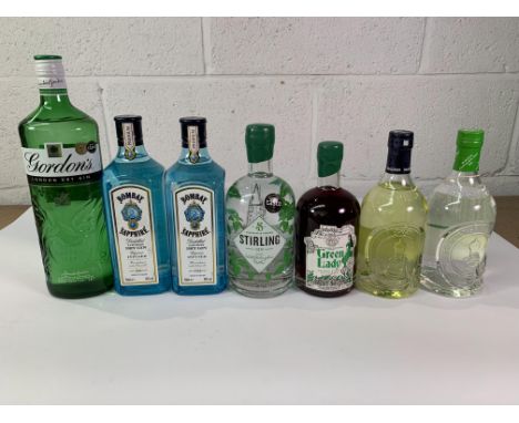 Two Bombay Sapphire London Dry Gins 2 x 700ml, Gordan's London Dry Gin 1ltr, McQueen Chocolate Mint Gin 500ml, McQueen Coconu