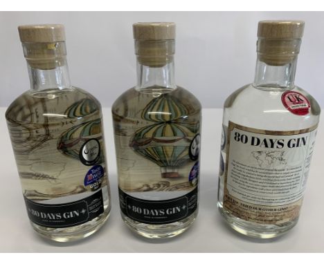 Three 80 Days Gin Made in Cornwall Gold Label 2021 3 x 40% 3 x 500ml.