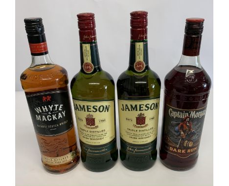 Two Jameson Irish Whiskey 2 x 1ltr, Whyte & Mackay Blended Scotch Whisky 1ltr, Captain Morgan Dark Rum 1ltr.