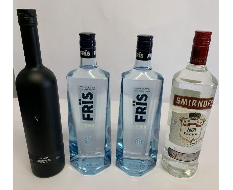 Two Fris Crisp Smooth Vodka 2 x 1ltr, Smirnoff No21 Vodka 1ltr, Brecon Five Vodka 700ml.