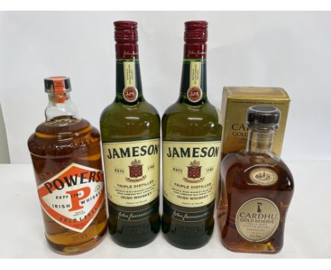 Four Whiskys: Two Jameson Irish (40%), One Powers Gold Label Irish (40%) - all 1ltr and One Cardhu Gold Reserve Single Malt S