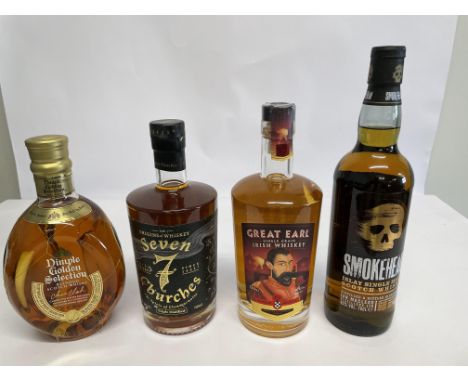 Four Whiskies: Seven Churches Irish (40%), Smokehead Single Malt Scotch (43%), Great Earl Single Grain Irish (40%) and Dimple