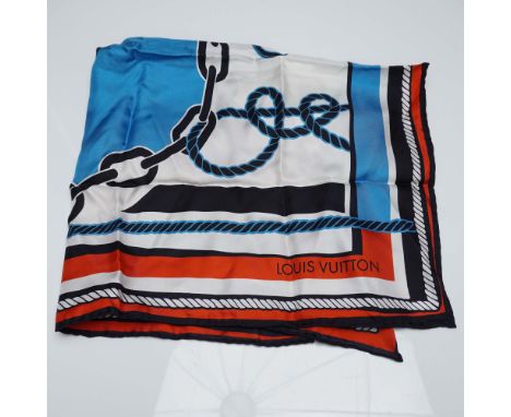 Louis Vuitton 100 percent silk scarf featuring a vibrant nautical-inspired design with intertwined rope motifs in shades of n