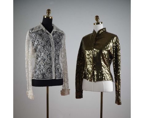 This lot features two exquisite Made in Italy evening blouses, each uniquely crafted for standout elegance. The first is a sh