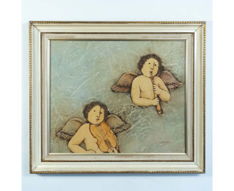 Delightful original acrylic on canvas painting by British artist Joyce Roybal of two angels made with glossy reliefs of textu