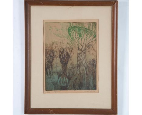 Original color etching on handmade paper by American artist and Master papermaker Laurence Barker. Pulled in the small editio