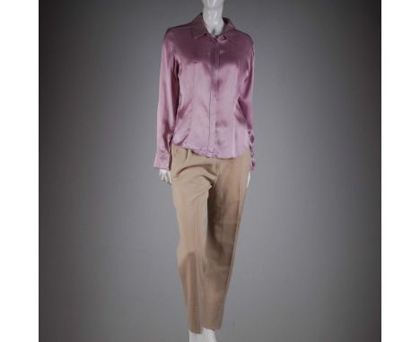 Effortlessly sophisticated, this ensemble from Max Mara features a stunning dusty rose silk blouse and classic taupe cropped 
