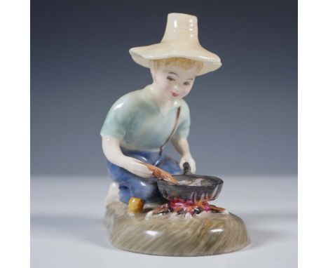 This mid-century design features a young boy dressed in a pale blue shirt and rolled-up blue trousers, wearing a wide-brimmed