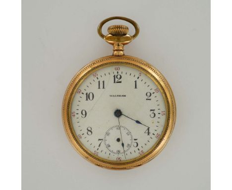 Waltham pocket watch with a gold-filled case, featuring an engraved presentation dedication reading: Presented to M.J. Deeir 