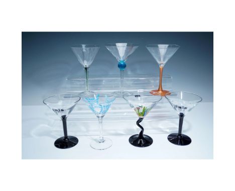 Collection includes seven martini glasses representing various alcohol brands. Includes three Fris Vodka glasses, each with b