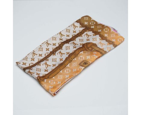 Elegant Louis Vuitton scarf crafted in Italy from 100 percent silk, featuring the iconic monogram print accented with belt an