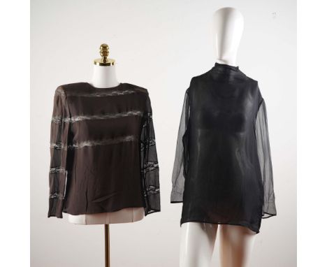 Presenting a refined ensemble featuring two blouses by Valentino Boutique from the 1970s. The first blouse is crafted in brow