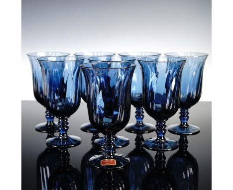 Elegant set of eight Gorham crystal wine glasses  featuring a vibrant cobalt blue bowl with a gently flared silhouette, resti