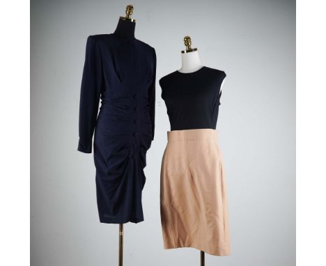 This elegant pairing includes a navy wool ruched dress by Bruce Oldfield and a striking colorblock sleeveless dress by Gianfr