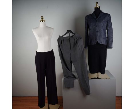 A refined set of four designer women's wardrobe staples including: 1) a pair of elegant black high-rise trousers by MaxMara, 