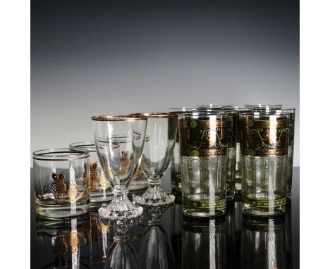 This 13-piece glassware collection features a variety of mid-century modern and vintage glass designs. Included are 2 Anchor 
