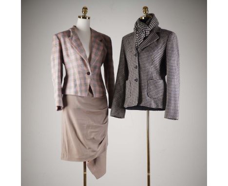 This lot includes one vintage 2-piece suit by British designer Bruce Oldfield, featuring a pastel plaid fitted blazer and a t