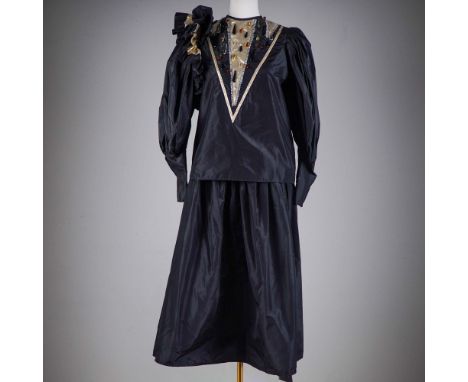A dramatic and glamorous vintage black taffeta ensemble by Parkers, featuring a voluminous long-sleeved blouse and matching g