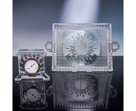This exquisite set includes a Waterford Crystal clock and a matching rectangular tray, both beautifully crafted with the bran