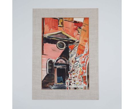 This watercolor painting depicts an architectural scene of a historical European building characterized by its arched doorway