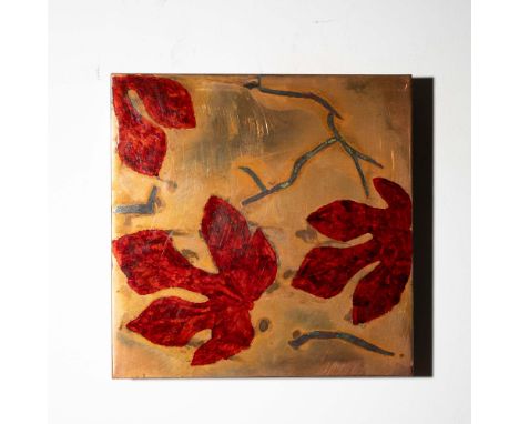 This handcrafted mixed metal artwork, titled Red Fig Leaves, features richly textured red fig leaves set against an earthy me
