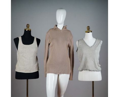 This refined 3-piece set from Valentino Boutique includes a sleeveless cream knit tank top, a taupe long-sleeve pullover with