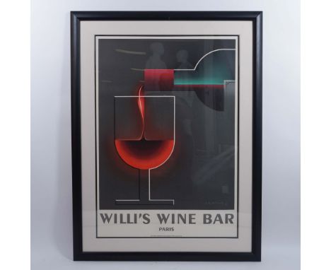 This Art Deco restrike lithographic poster titled Willi's Wine Bar, is designed after A.M. Cassandre's 1935 original. The art