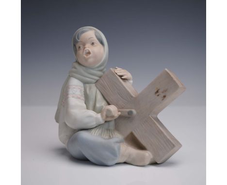 A charming hand-painted porcelain figurine depicting a young girl in winter attire, turning the crank of a rustic wooden wind