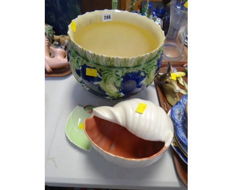 Majolica-style planter, Poole pottery conch shell, Carltonware dish