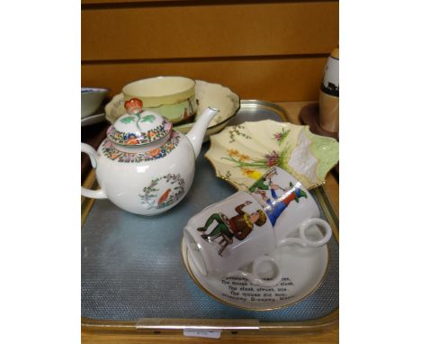 Three items of Royal Doulton country ware including 'Under the Greenwood Tree', Aynsley shell dish, old Worcester parrot teap