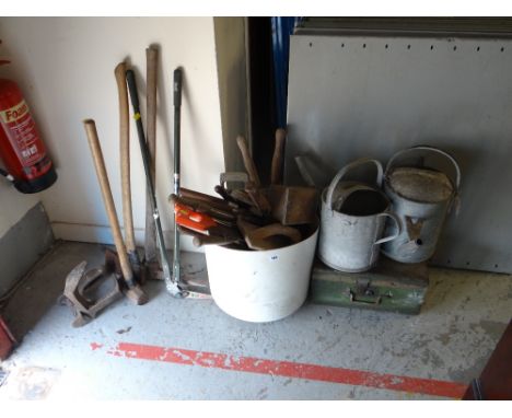 Parcel of vintage garden tools and other tools, vintage metal watering cans etc