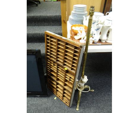 A 1950s brass effect standard lamp together with an old printers letter tray