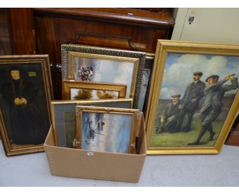 Parcel of framed pictures & prints including an oil on canvas of a vintage golfing scene etc