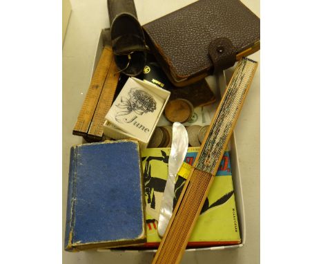 Parcel of collectables including loose coinage, mother-of-pearl butter knife, gold rimmed spectacles, playing cards etc