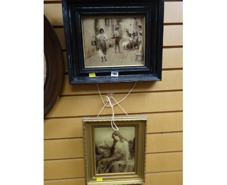 Two framed oleographs - continental street scene and female playing a lyre