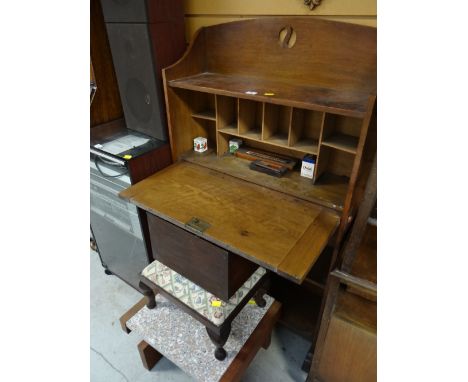 A vintage compact bureau bookcase (key with us), a tapestry stool, coffee table etc