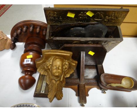 Decorative wooden wall shelves, brass letter rack, cribbage board etc