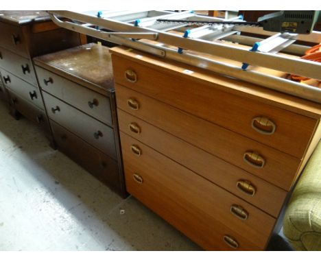 Retro chest of five long drawers together with a vintage three drawer polished chest