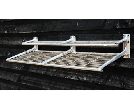 A vintage two tier luggage rack from an old train carriage, 115 cm w x 39 cm x 18 cm h 