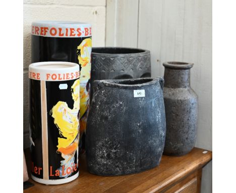 Three earthenware grey-painted vases and two cylindrical vases/stick stands, printed with 'Folies Bergere' designs (5) 