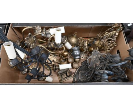 A brass oil lamp, reproduction pillar telephone, copper kettle and strainer, various sconces and other light fittings, etc (2