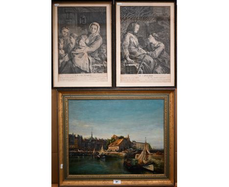 Ursula Dunlop - Honfleur harbour, oil on canvas, signed, 39.5 x 50 cm to/w two 19th century steel engravings (3) 