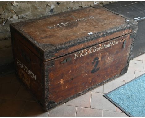 An old steel bound wooden military style trunk stencilled '1st KGL Gurkha Rifles' and 'B M Berthon', zinc lined, 95 cm x 51 c