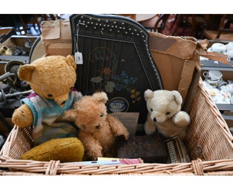 A wicker hamper containing various collectables including Jubel Tone zither, four vintage teddy bears, boxes, pictures etc 