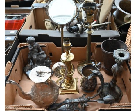 A Victorian ep coffee pot and baluster candlestick, to/w a wall-sconce, shaving mirror and other metalware (box) 